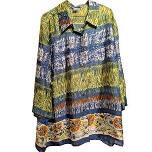 Koret Shirt Womens 1X‎ Blue Green Button Front 3/4 Sleeve Floral Border Blouse